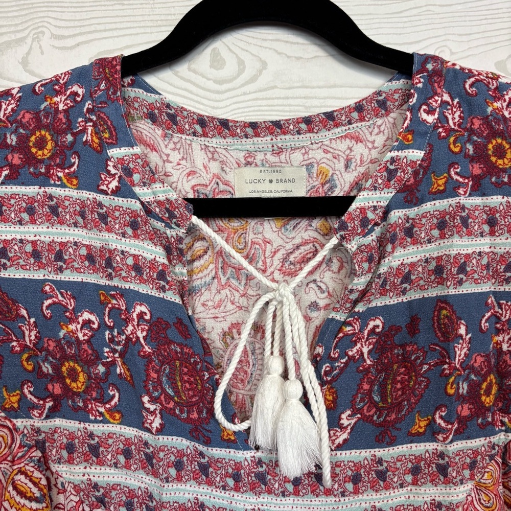 LUCKY BRAND FLORAL PEASANT PRINT WITH TASSEL TIES BLOUSE LONG SLEEVE SIZE LARGE - Picture 2 of 9